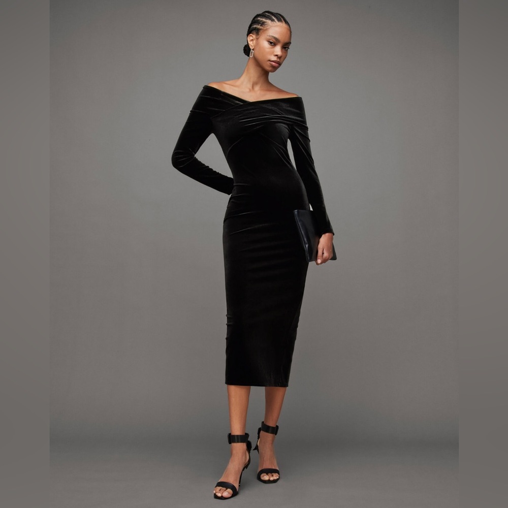 All Saints Delta Off Shoulder Velvet Midi Dress Black size 10